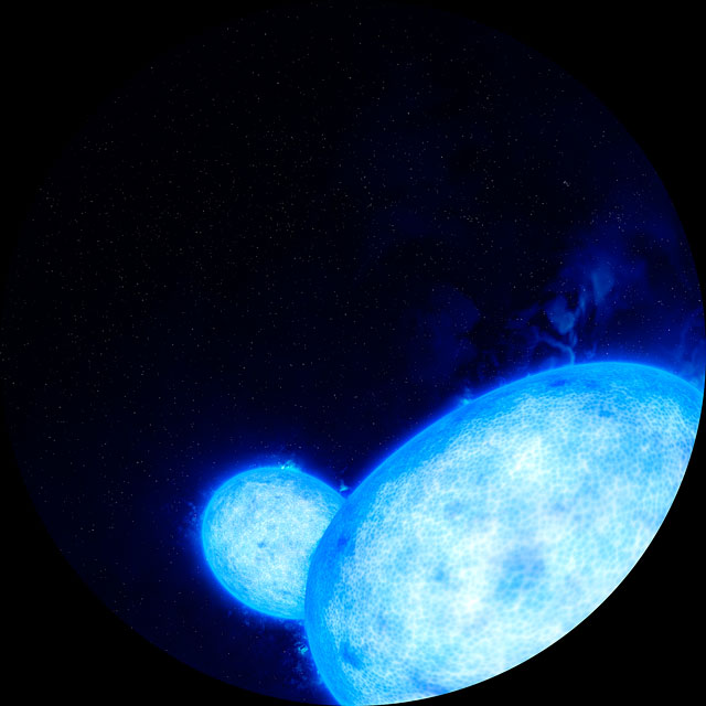 Vídeo para planetario fulldome con ilustración animada de la estrella binaria de contacto más masiva y caliente