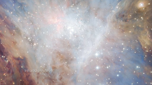 Overvloeien tussen opnamen van de Orionnevel in zichtbaar licht en infrarood