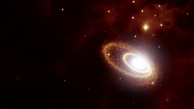 Buraco negro supermassivo em rotação despedaça estrela (impressão artística)