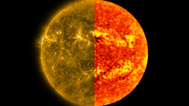 Jämförelse av solskivan i ultraviolett och millimeterljus