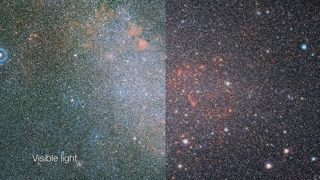 Comparaison entre des vues infrarouge et visible du Petit Nuage de Magellan.