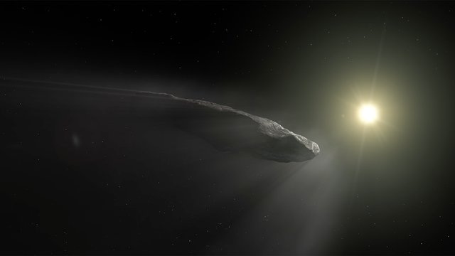 Animace uvolňování hmoty z mezihvězdného tělesa `Oumuamua