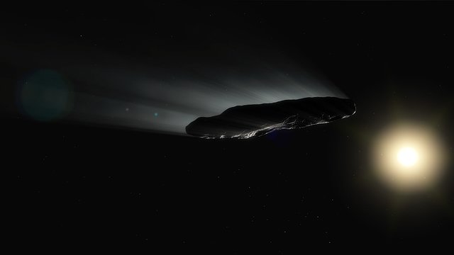 Animace uvolňování hmoty z rotujícího mezihvězdného tělesa `Oumuamua