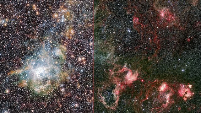 Comparação da Nebulosa da Tarântula no infravermelho e no visível