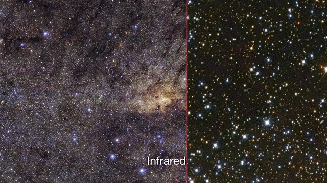 Het hart van de Melkweg in zichtbaar licht en nabij-infrarood