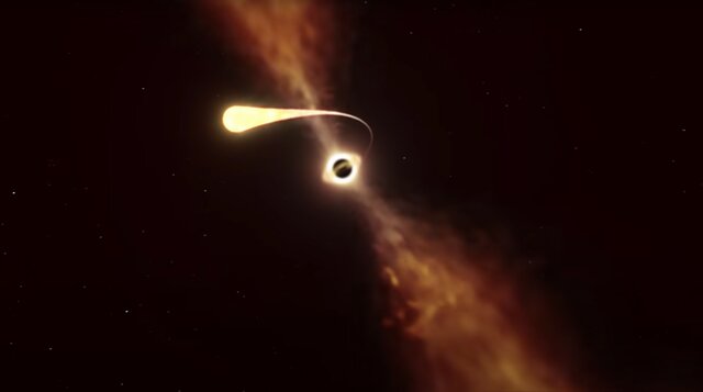 Dood door ‘spaghettificatie’: animatie van een ster die door een zwart gat uit elkaar getrokken wordt.