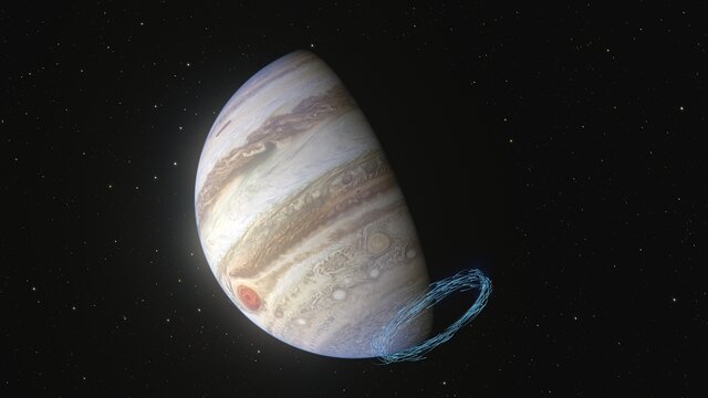 Vizualizace stratosférického proudění kolem jižního pólu Jupiteru (animace)