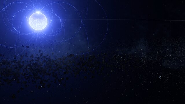 Animation d'artiste de la naine blanche magnétique WD 0816-310 qui absorbe des fragments de planètes